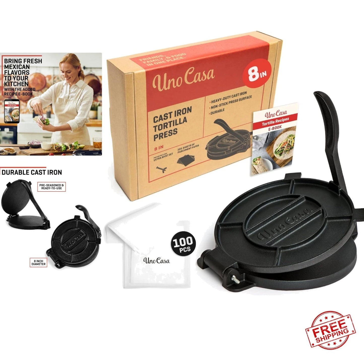 Cast Iron Tortilla Press 8 Inch - Tortilla Maker Press, Pre-Seasoned Roti Maker