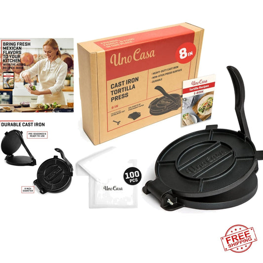 Cast Iron Tortilla Press 8 Inch - Tortilla Maker Press, Pre-Seasoned Roti Maker