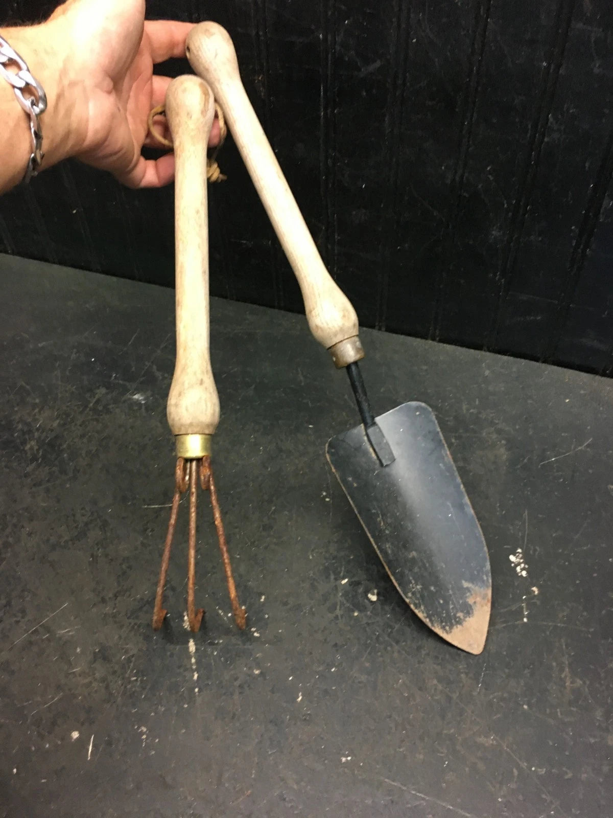 Vtg Pair - Garden Farm Tools -Wood Handle 3 Tine Prong Hand Rake & Hand Shovel