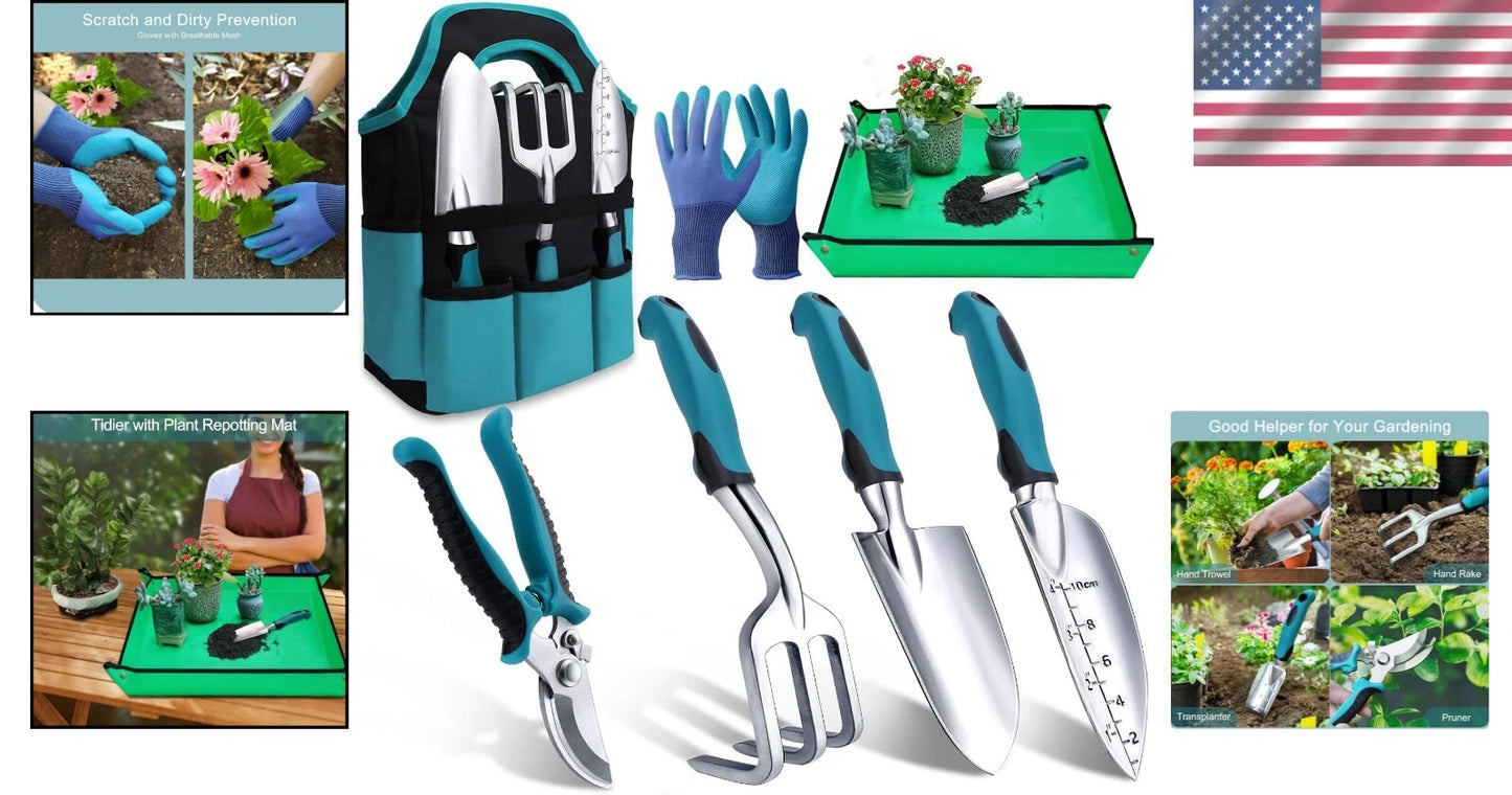 7-Piece Ergonomic Gardening Tools Set with Rust-Proof Garden Bag - Perfect Gift