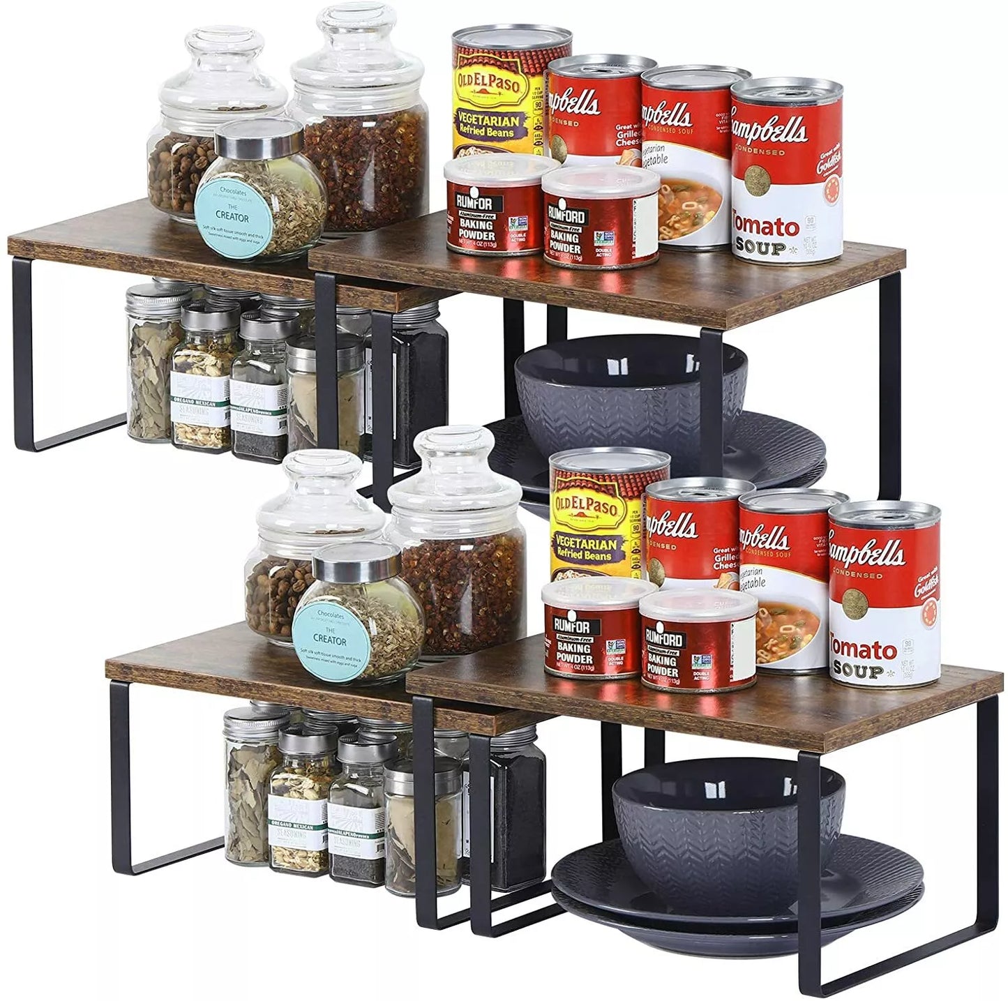 Set of 4 Counter Shelves Kitchen Stackable Cabinet Shelf Organizer Expandable