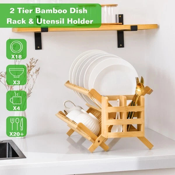 Wooden Dish Drying Rack Collapsible Compact Dish Rack Bamboo Dish Drainer