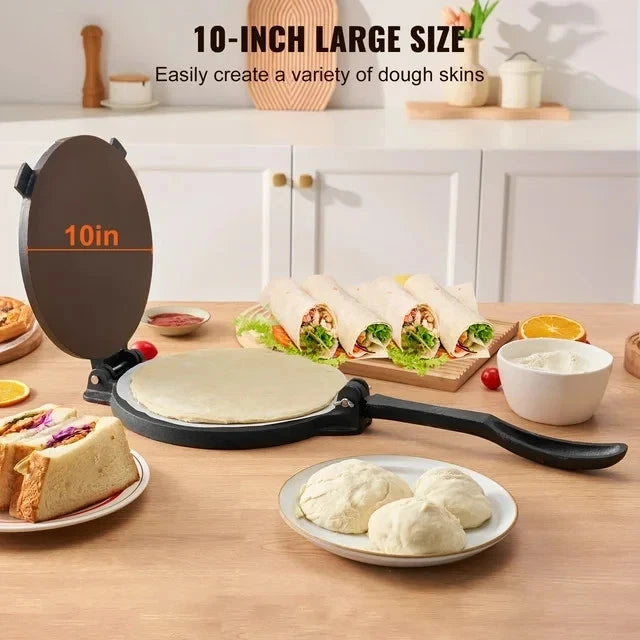 KFFKFF Tortilla Press, 10-Inch Cast Iron Roti & Tortilla Maker, with 100 Sheets
