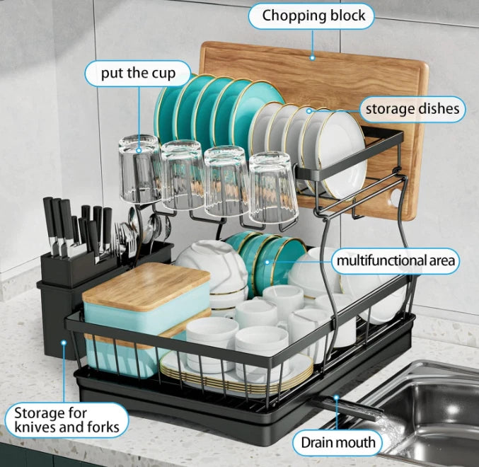 Two-Tier Removable Dish Rack with Drainage for Kitchen – Dish Drainer