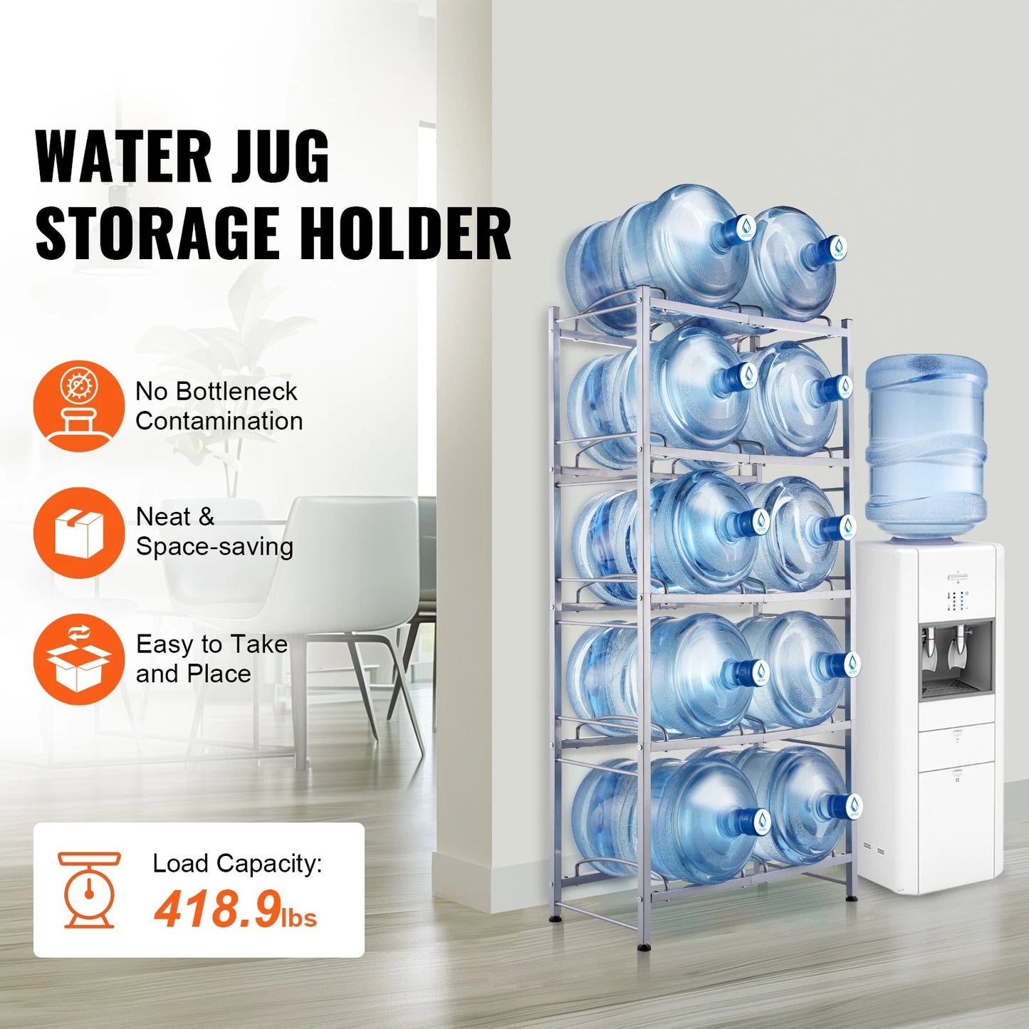 5-Tier Water Jug Holder Double Row Water Jug Rack 10 Bottles Silver Gray
