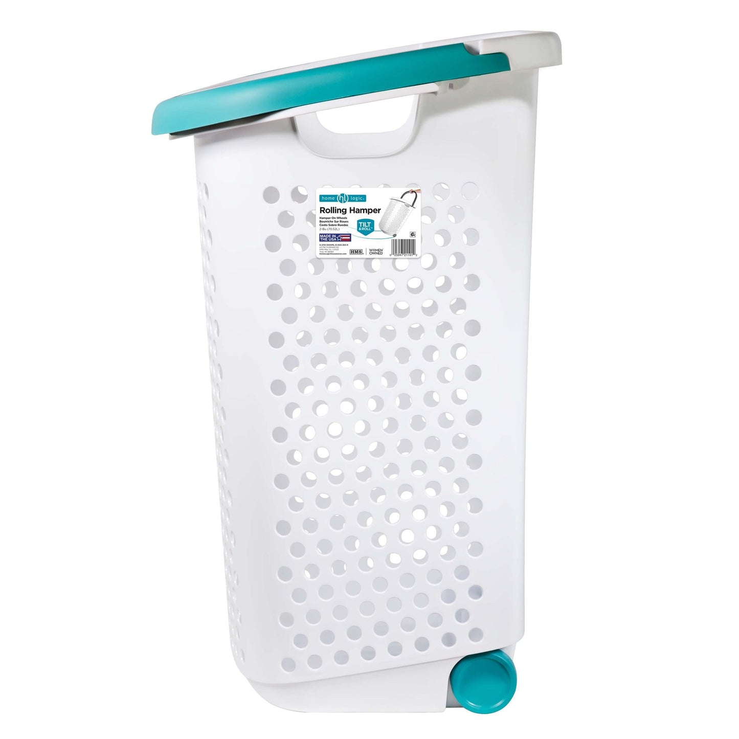 Home Logic 2 Bushel Rolling Plastic Laundry Hamper with Pop-up Handle, White