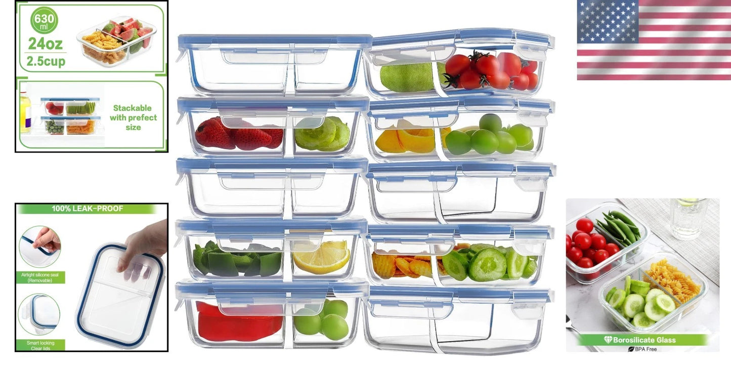 Airtight 10 Pack Glass Meal Prep Containers - 24oz, Oven & Microwave Safe