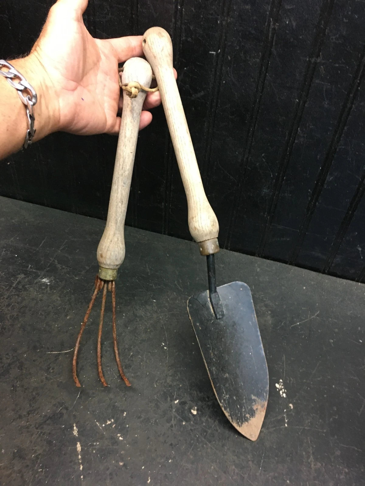 Vtg Pair - Garden Farm Tools -Wood Handle 3 Tine Prong Hand Rake & Hand Shovel