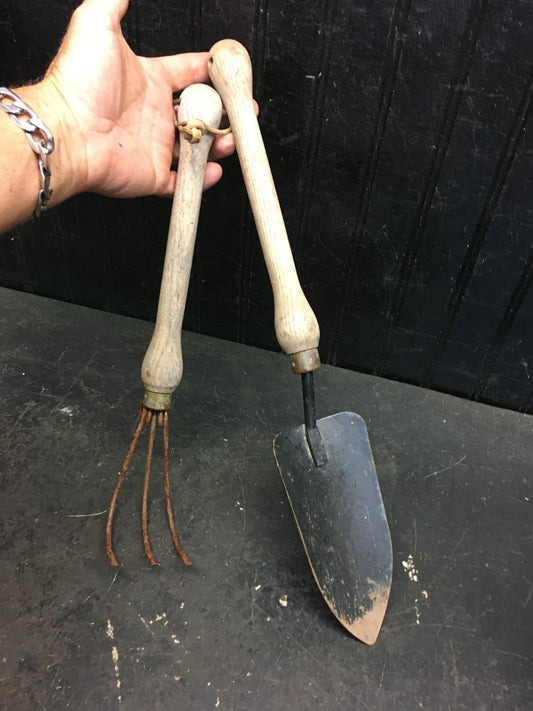 Vtg Pair - Garden Farm Tools -Wood Handle 3 Tine Prong Hand Rake & Hand Shovel