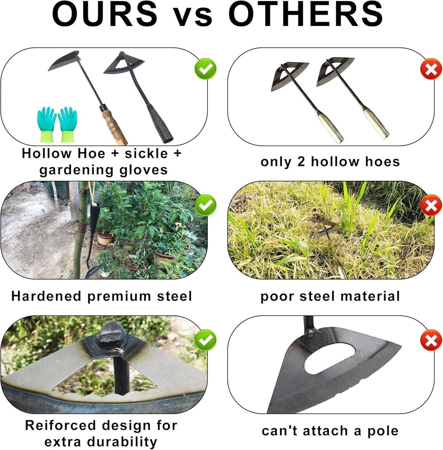 Gardening Tools Set: Hollow Hoe & Japanese Sickle for Effortless Weeding