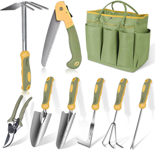 9 Piece Stainless Steel Heavy Duty Gardening Tool Set with Handle, Durable Garde