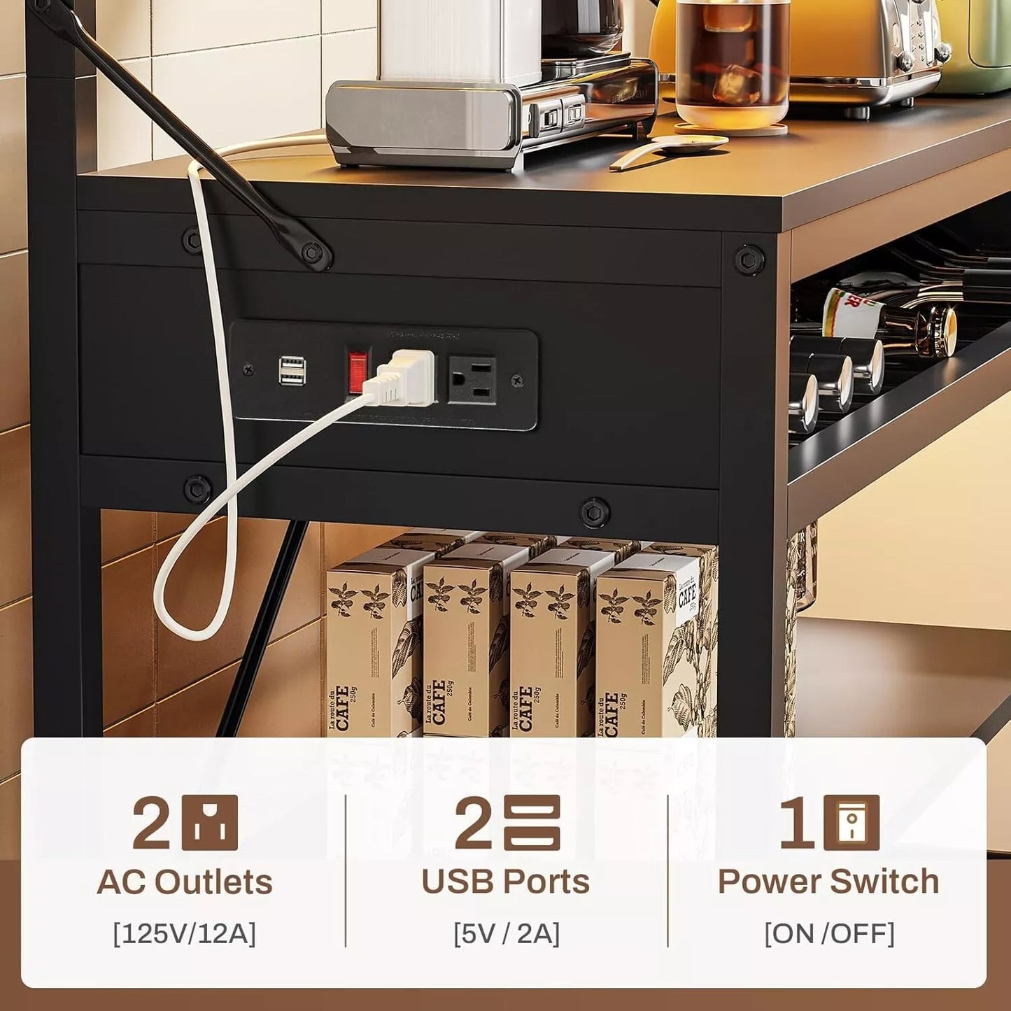 Bakers Rack with Power Outlet, 6-Tier Coffee Bar with Wine Rack and LED Lights