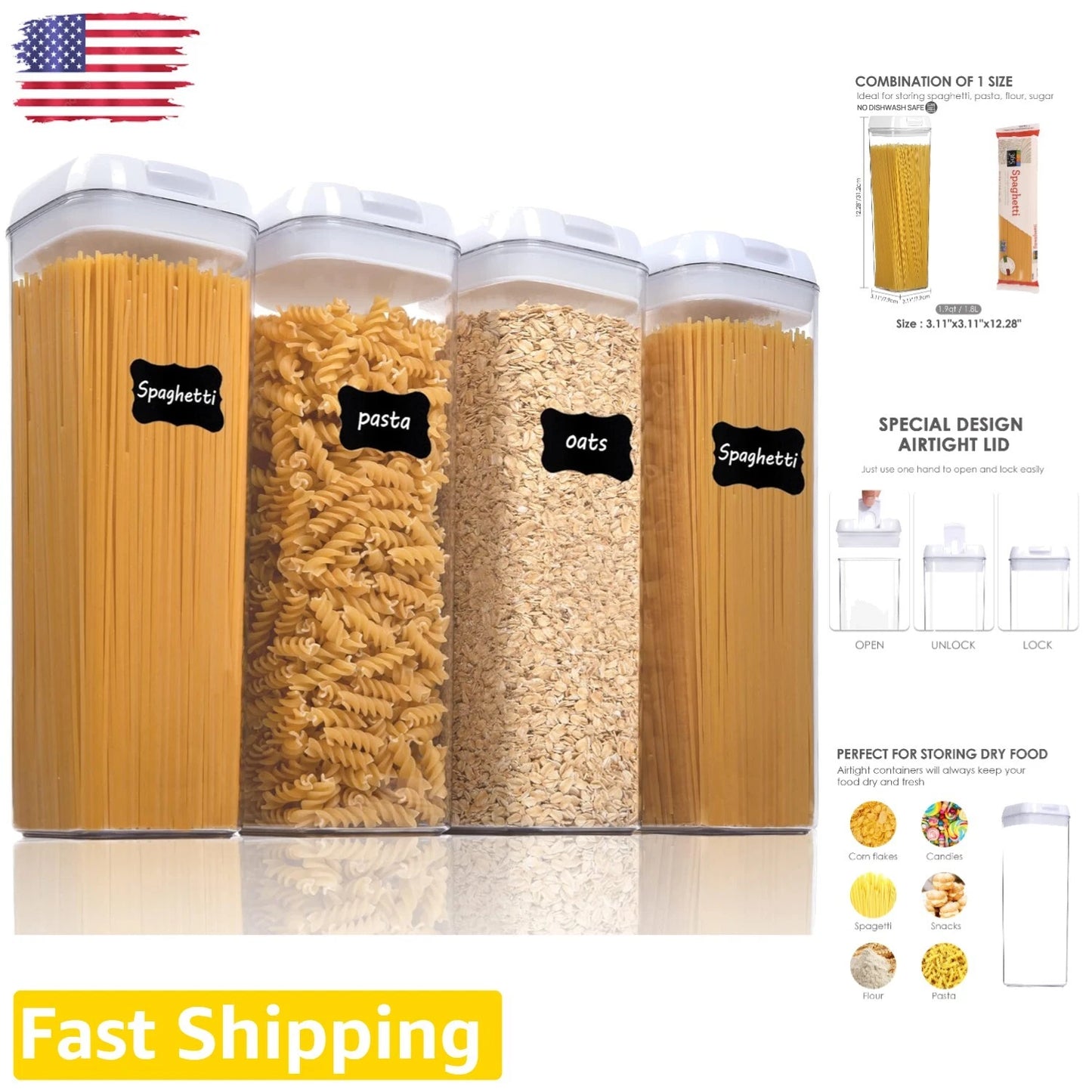 4PCS Airtight BPA-Free Kitchen Storage Containers with Easy Lock Lids - 1.8L