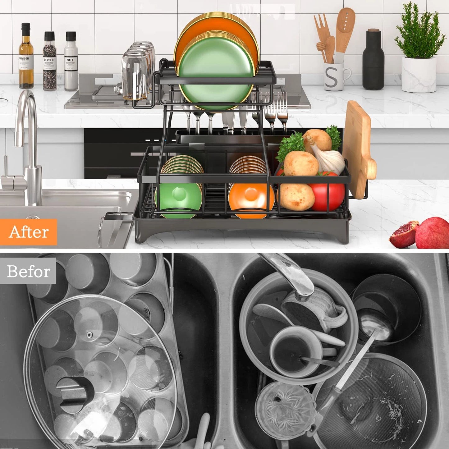 Dish Drying Rack - 2 Tier Dish Racks for Kitchen Counter with Drainboard