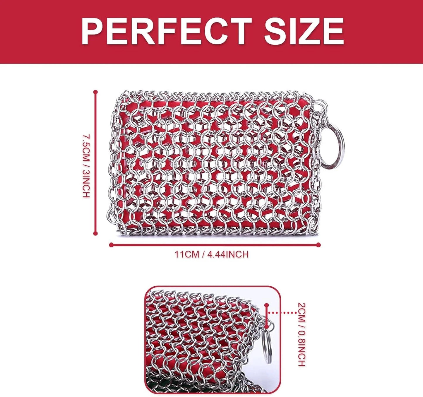 Cast Iron Scrubber, Chain Mail Scrubber with Silicone Insert, 316L Stainless Ste