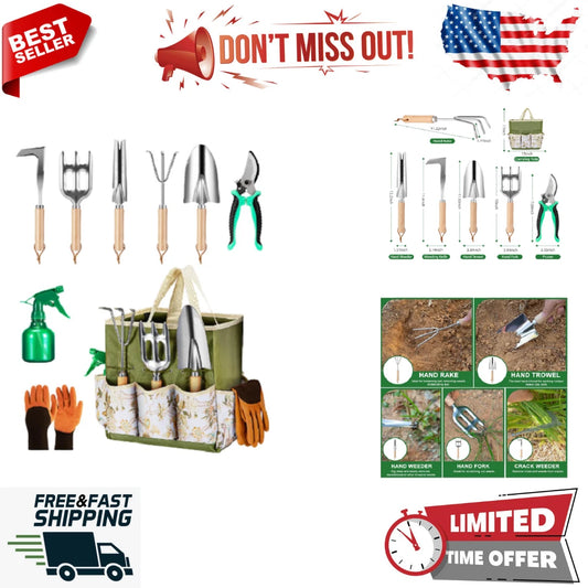 Gardening Tool Set for Women 9 Piece Heavy Duty with Bag Gift for Mom Outdoor
