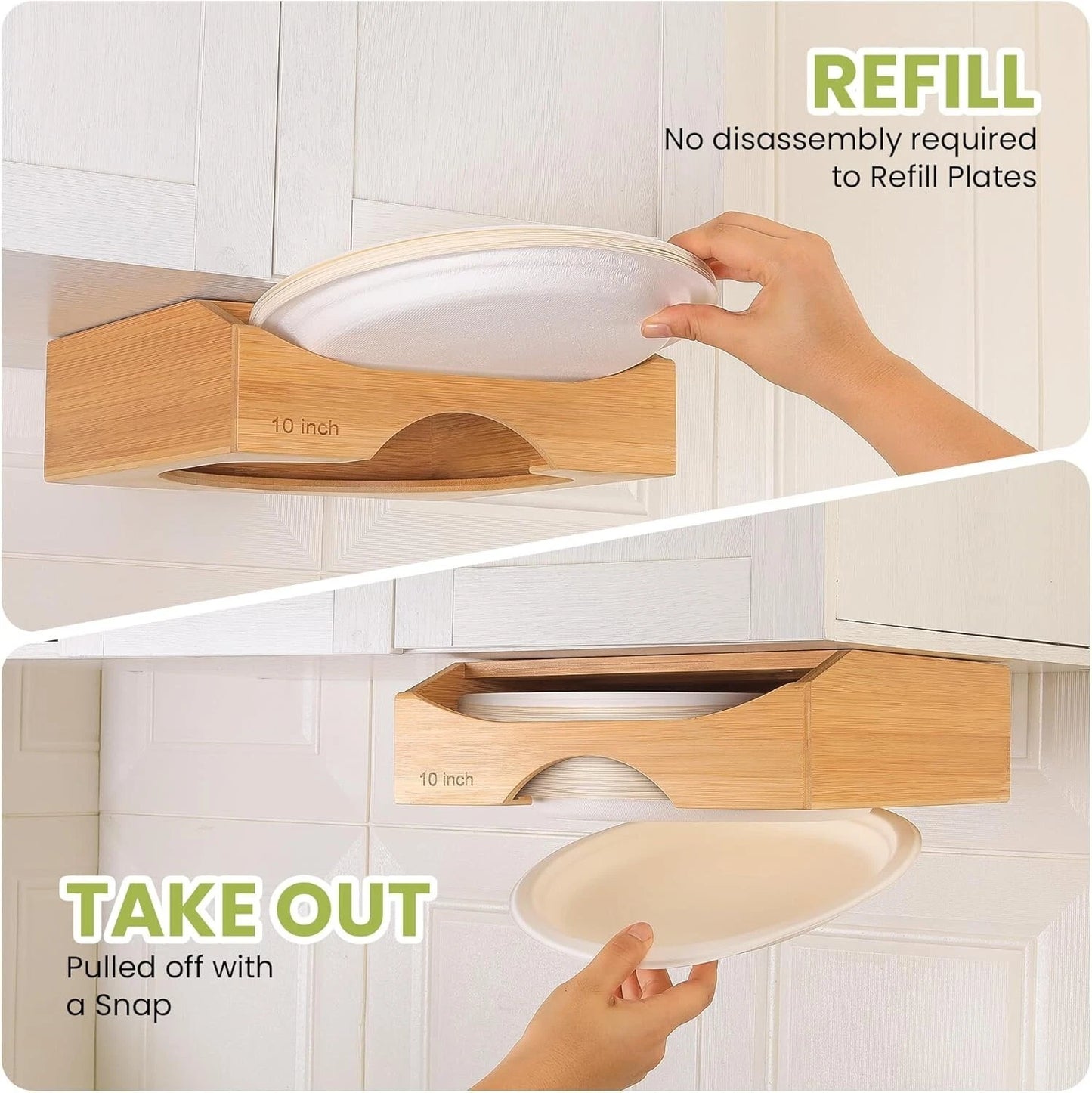 10-inch Paper Plate Dispenser, Under Cabinet Bamboo Plates Holder, Brown