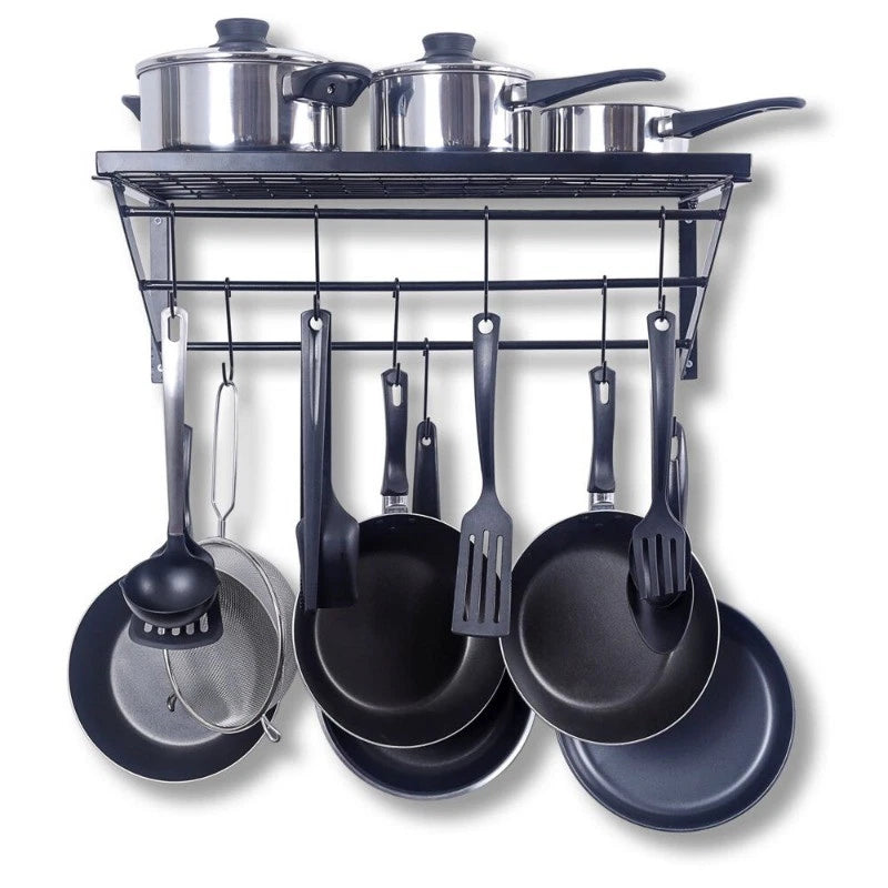Pot Rack Wall Mounted 24 in Pot and Pan Hanging Rack&10 S Hooks 44 lbs Black US