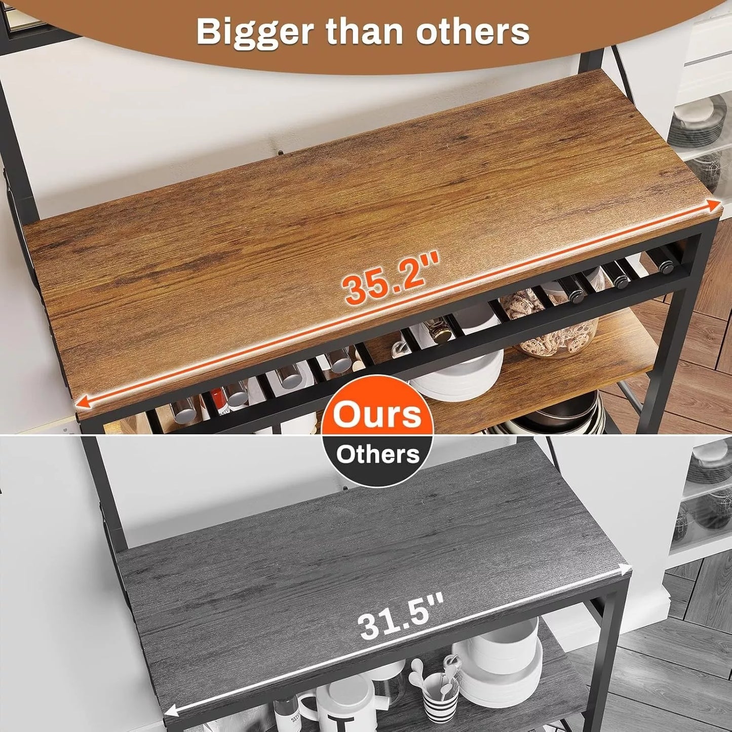 Bakers Rack with Power Outlet, 6-Tier Coffee Bar with Wine Rack and LED Lights