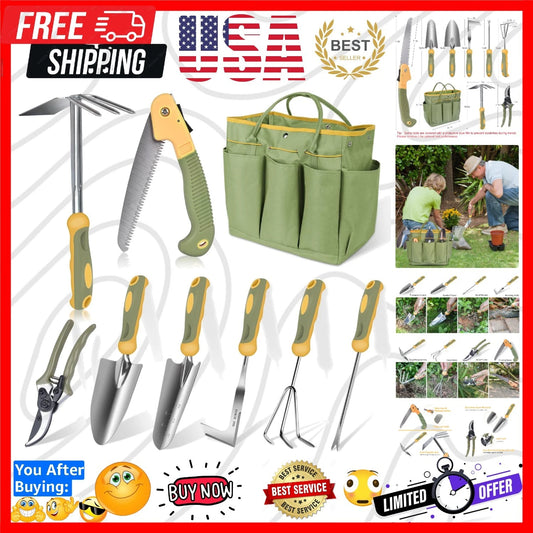 Garden Tool Set, 9 Piece Stainless Steel Heavy Duty Gardening Hand Tools with...