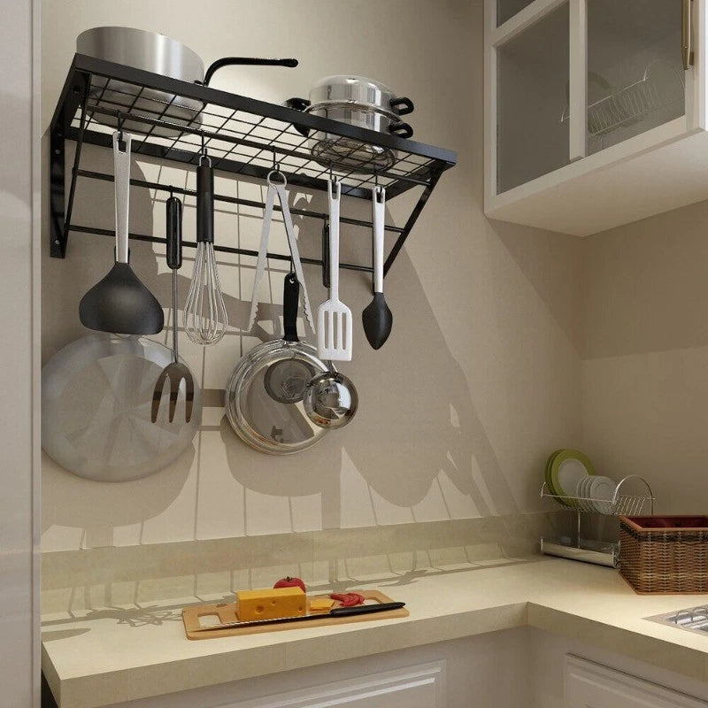 Pot Rack Wall Mounted 24 in Pot and Pan Hanging Rack&10 S Hooks 44 lbs Black US