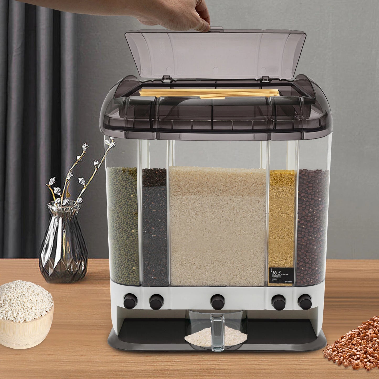2-Tiers Rice Dispenser Dry Food Dispenser Kitchen Grain Cereal Storage Container