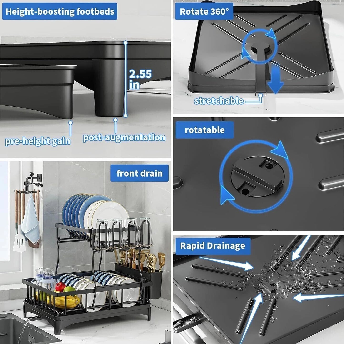 2 Tier Over The Sink Dish Drying Rack Stainless Steel Kitchen Dish Drainer Black