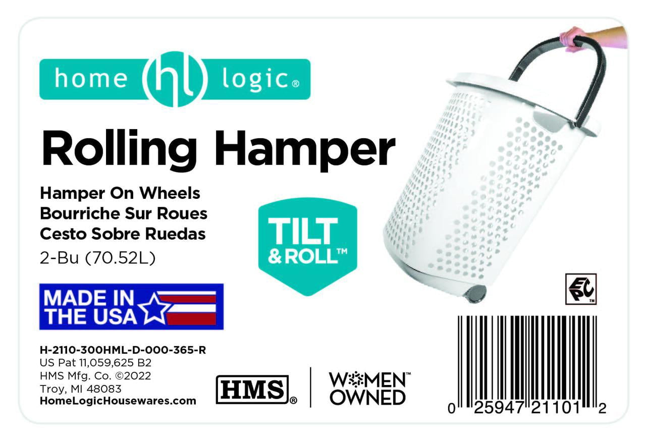 Home Logic 2 Bushel Rolling Plastic Laundry Hamper with Pop-up Handle, White
