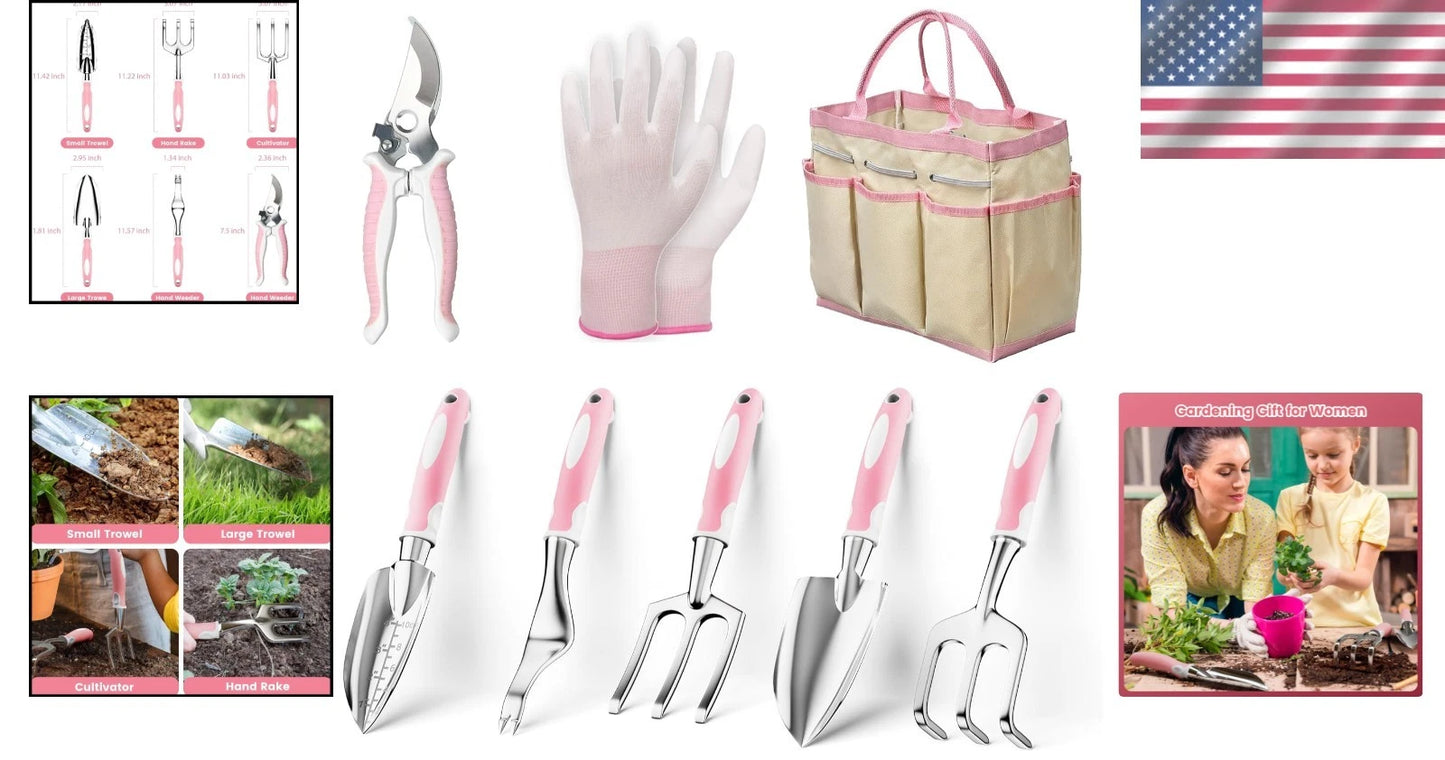 8 Piece Pink Stainless Steel Garden Tools Set - Perfect Gift for Garden Lovers