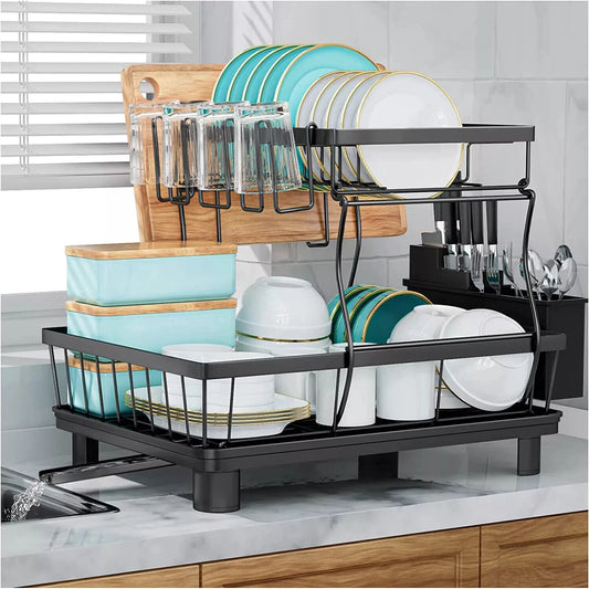 2 Tier Over The Sink Dish Drying Rack Stainless Steel Kitchen Dish Drainer Black