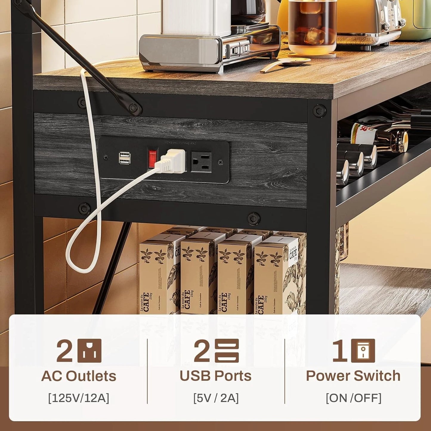 Bakers Rack with Power Outlet, 6-Tier Coffee Bar with Wine Rack and LED Lights
