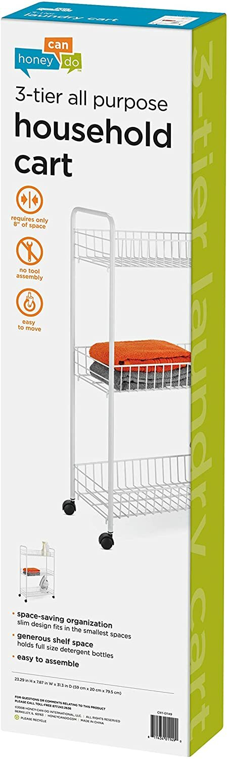 Honey-Can-Do 3-Tier Rolling Household Storage Laundry Basket-Style Cart, White