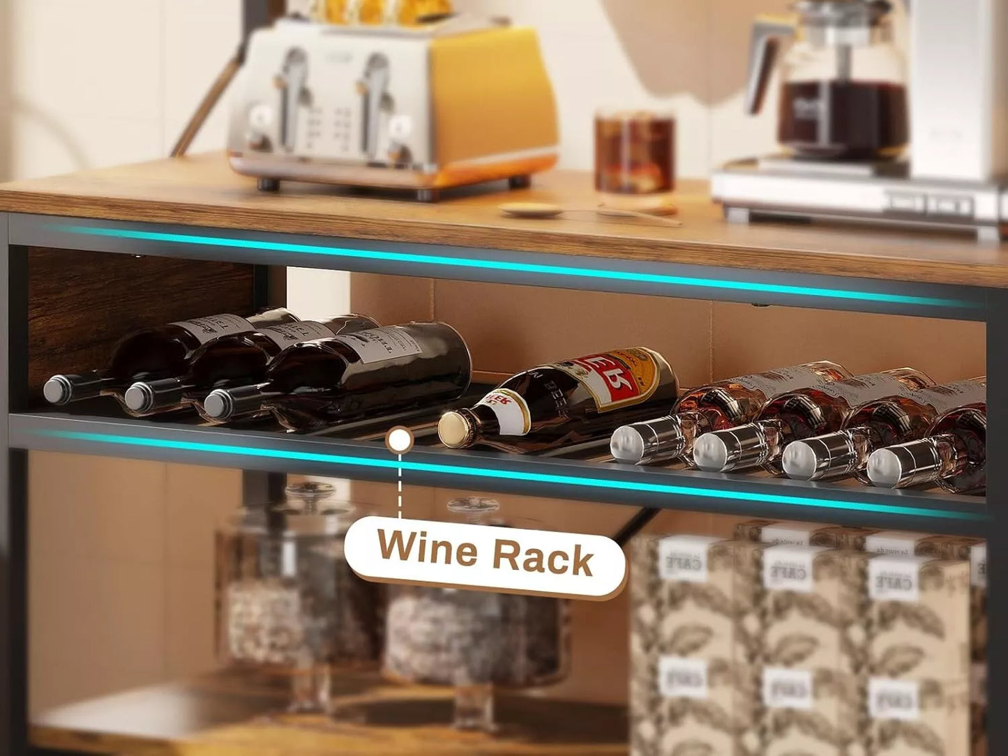 Bakers Rack with Power Outlet, 6-Tier Coffee Bar with Wine Rack and LED Lights