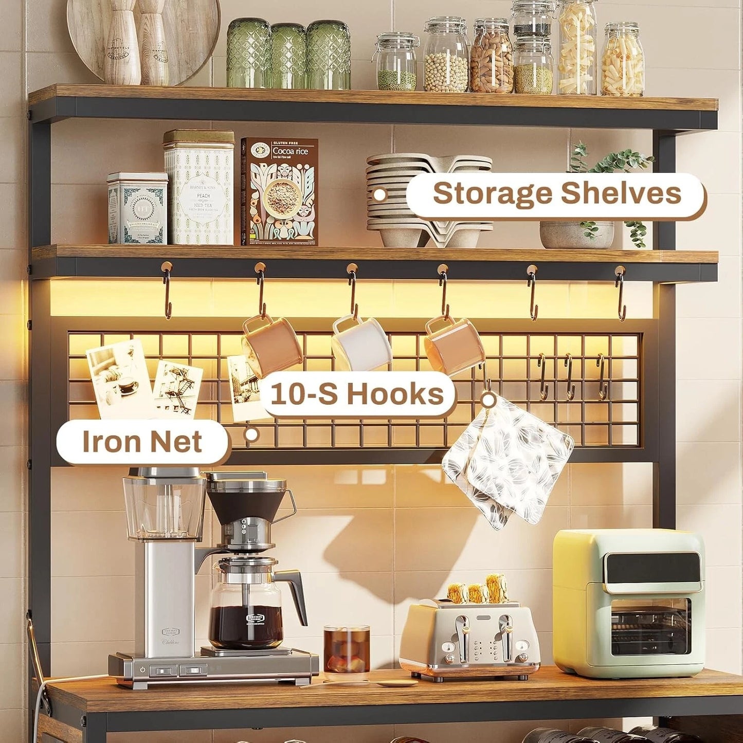 Bakers Rack with Power Outlet, 6-Tier Coffee Bar with Wine Rack and LED Lights