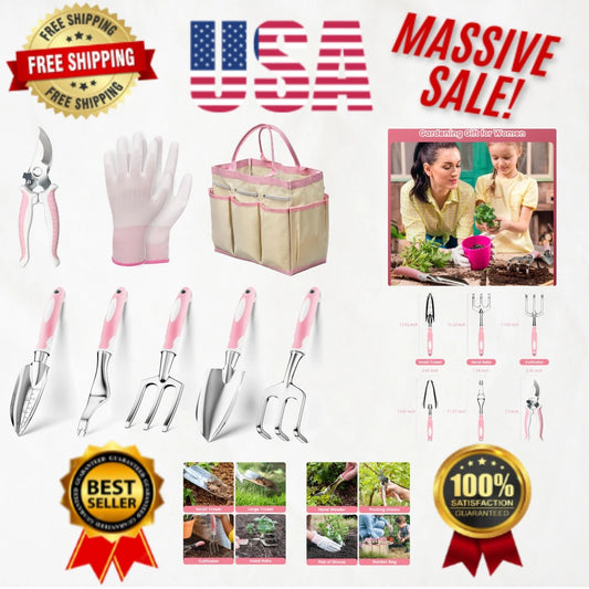 8 Piece Pink Stainless Steel Garden Tools Set - Perfect Gift for Garden Lovers