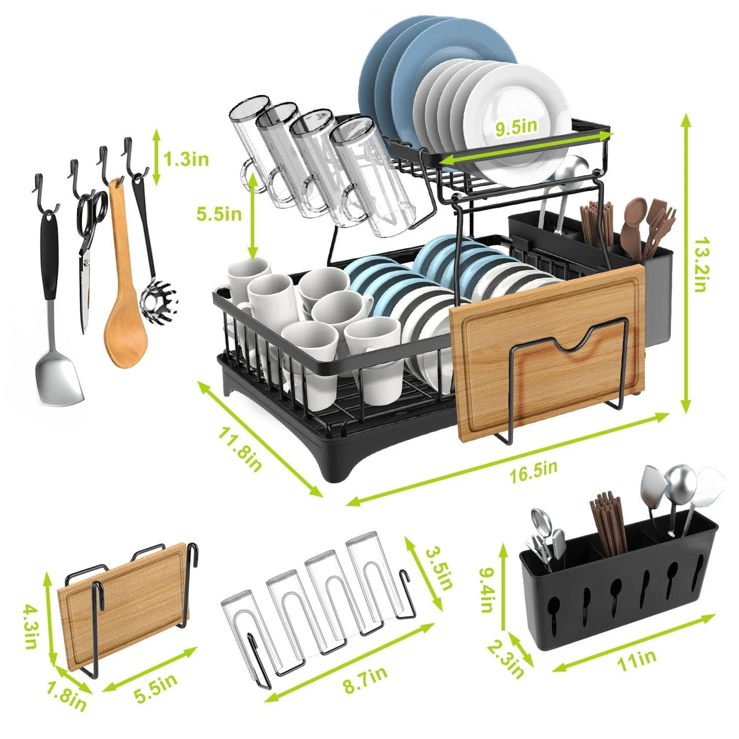 Dish Drying Rack - 2 Tier Dish Racks for Kitchen Counter with Drainboard