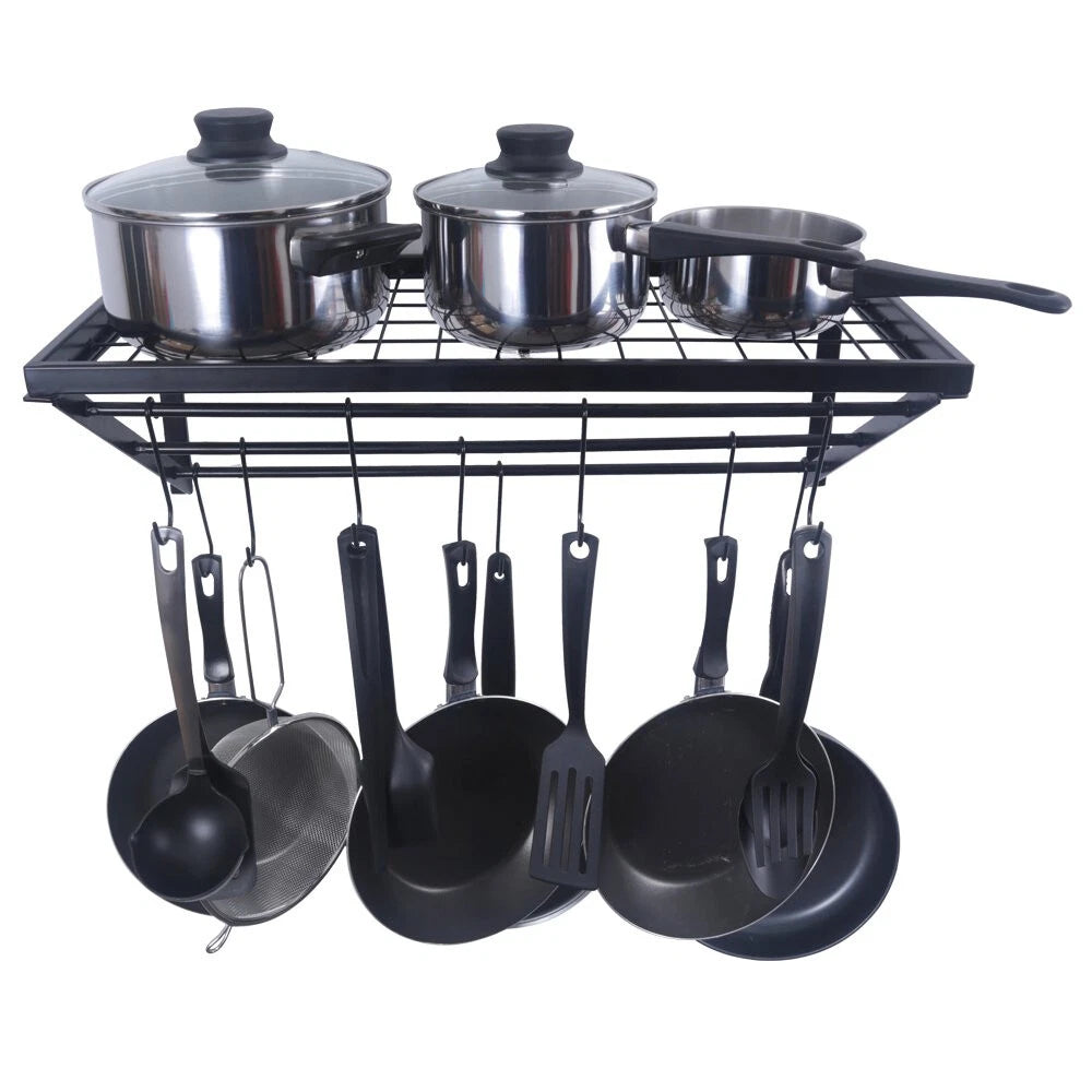 Black Metal Rectangular Wall Mounted Kitchen Pot Rack with 10 Hanging Hooks