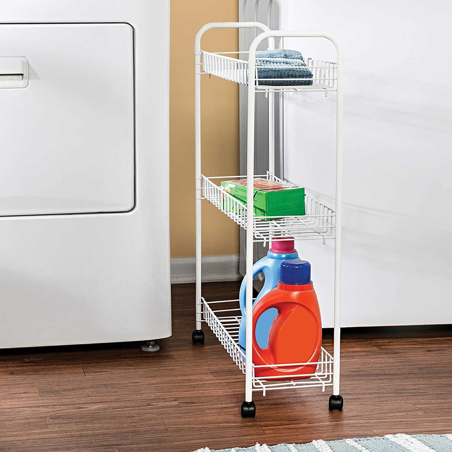 Honey-Can-Do 3-Tier Rolling Household Storage Laundry Basket-Style Cart, White