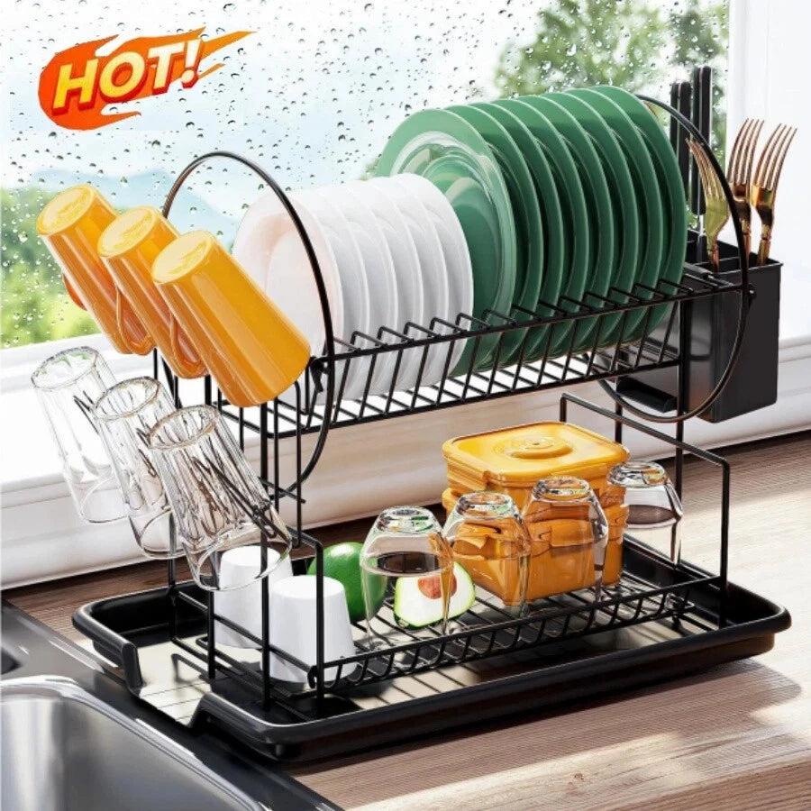 2 Tier Dish Racks Dish Drying Rack for Kitchen Counter with Drainboard New