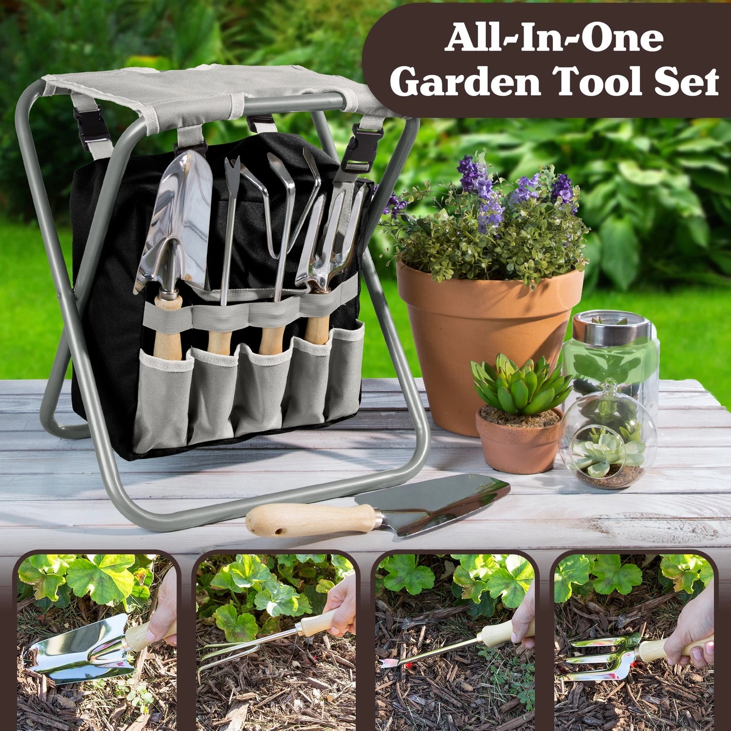 Gardening Tool Set, Garden Stool, and Carry Bag, Gray