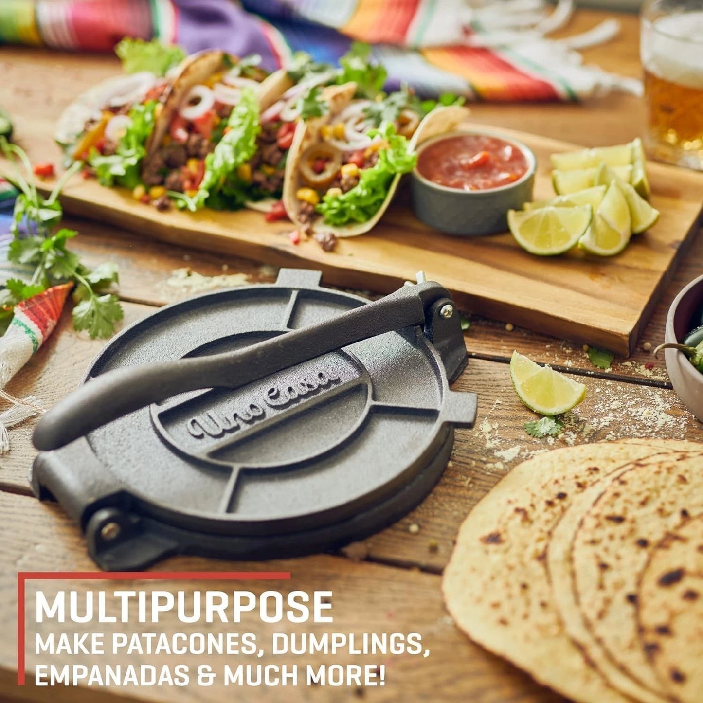 Cast Iron Tortilla Press 8 Inch - Tortilla Maker Press, Pre-Seasoned Roti Maker