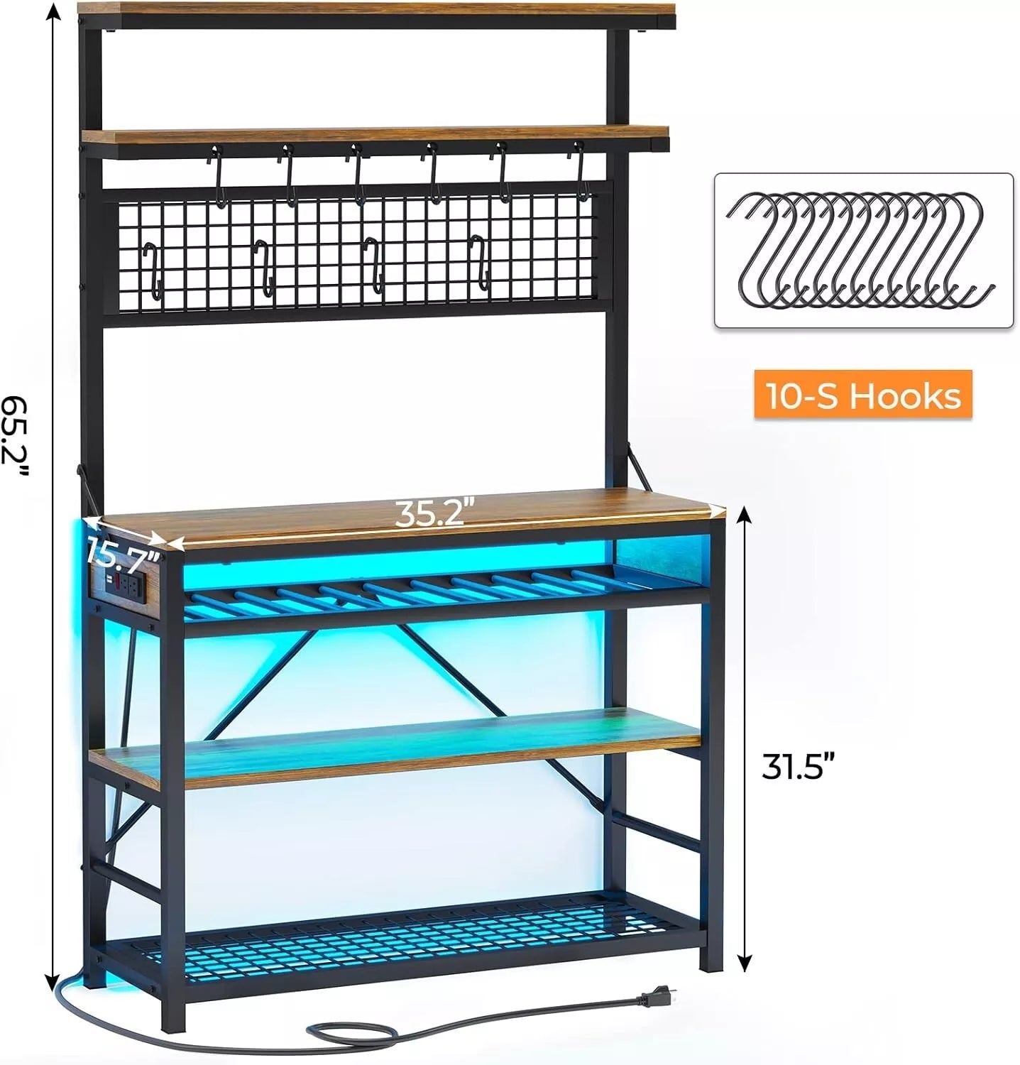 Bakers Rack with Power Outlet, 6-Tier Coffee Bar with Wine Rack and LED Lights