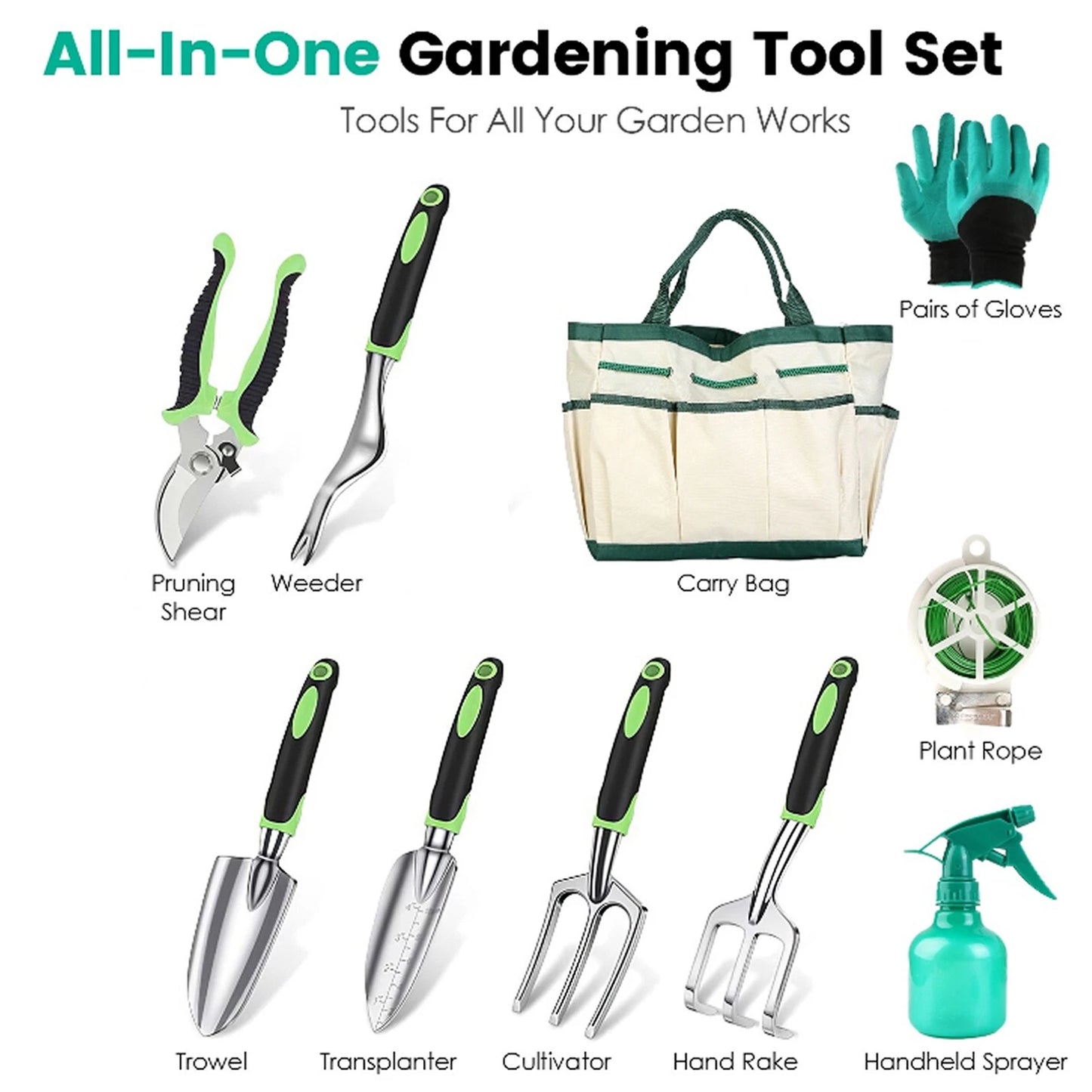 10PCS Garden Tool Set Garden Hand Tool Kit Aluminum Alloy Gardening Tool Set US