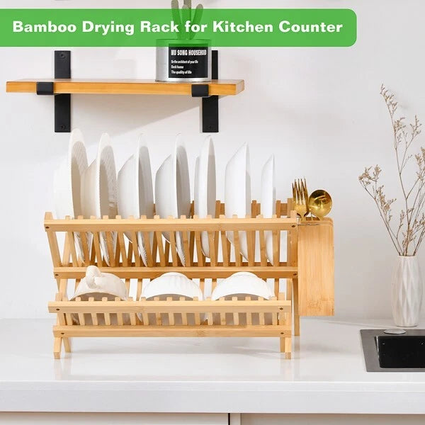 Wooden Dish Drying Rack Collapsible Compact Dish Rack Bamboo Dish Drainer