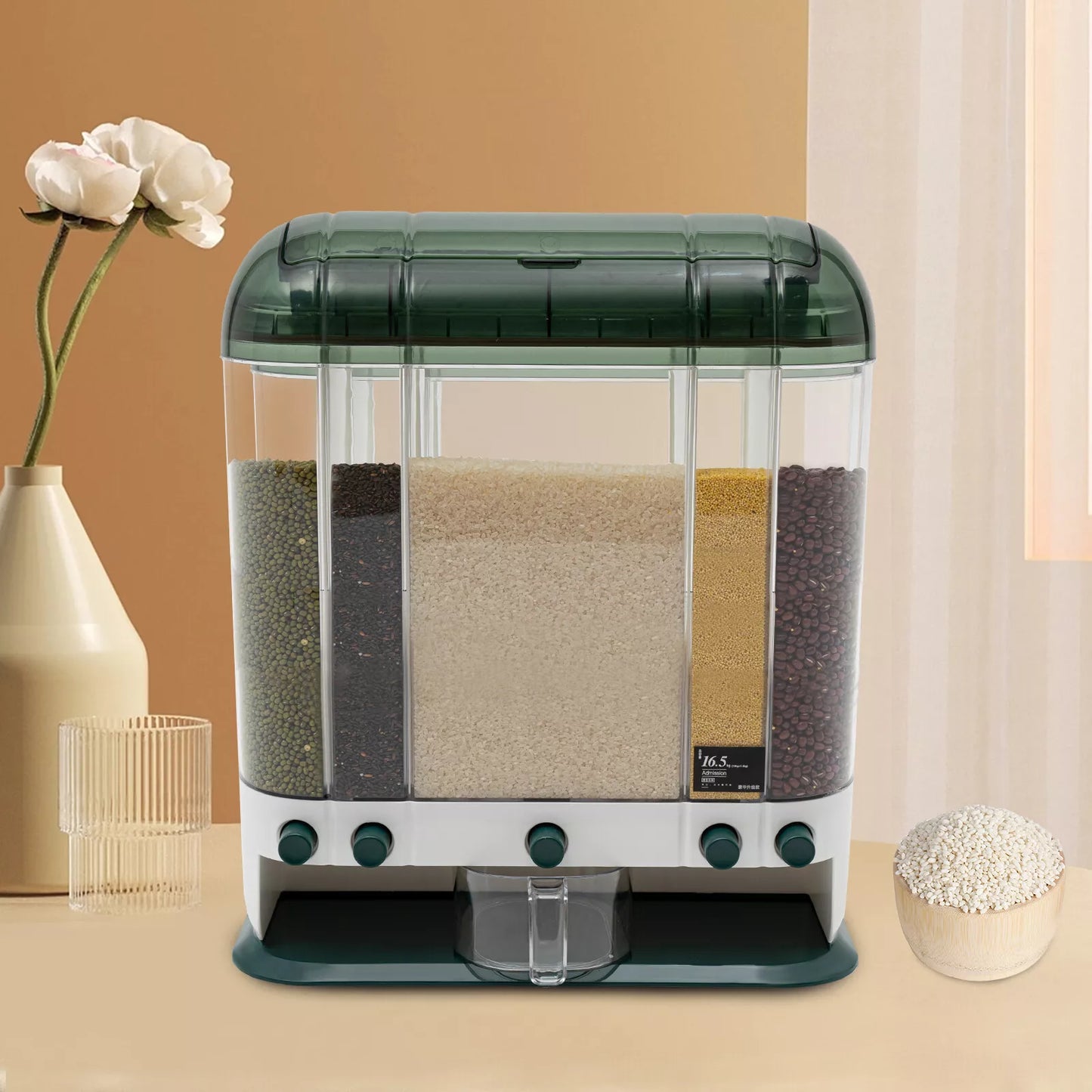 5-Grid Cereal Dispenser Grain Container Rice Storage Dry Food Box Organizer