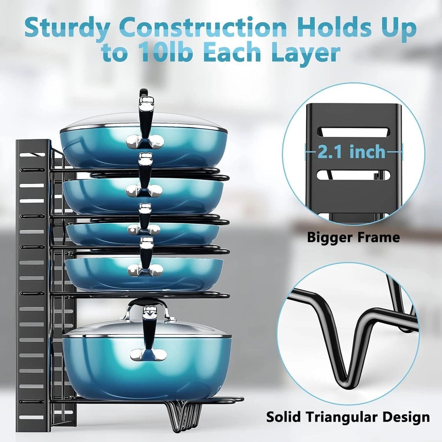 Adjustable 8-Tier Pots and Pans Organizer Rack Pots Holder for Kitchen Cabinet