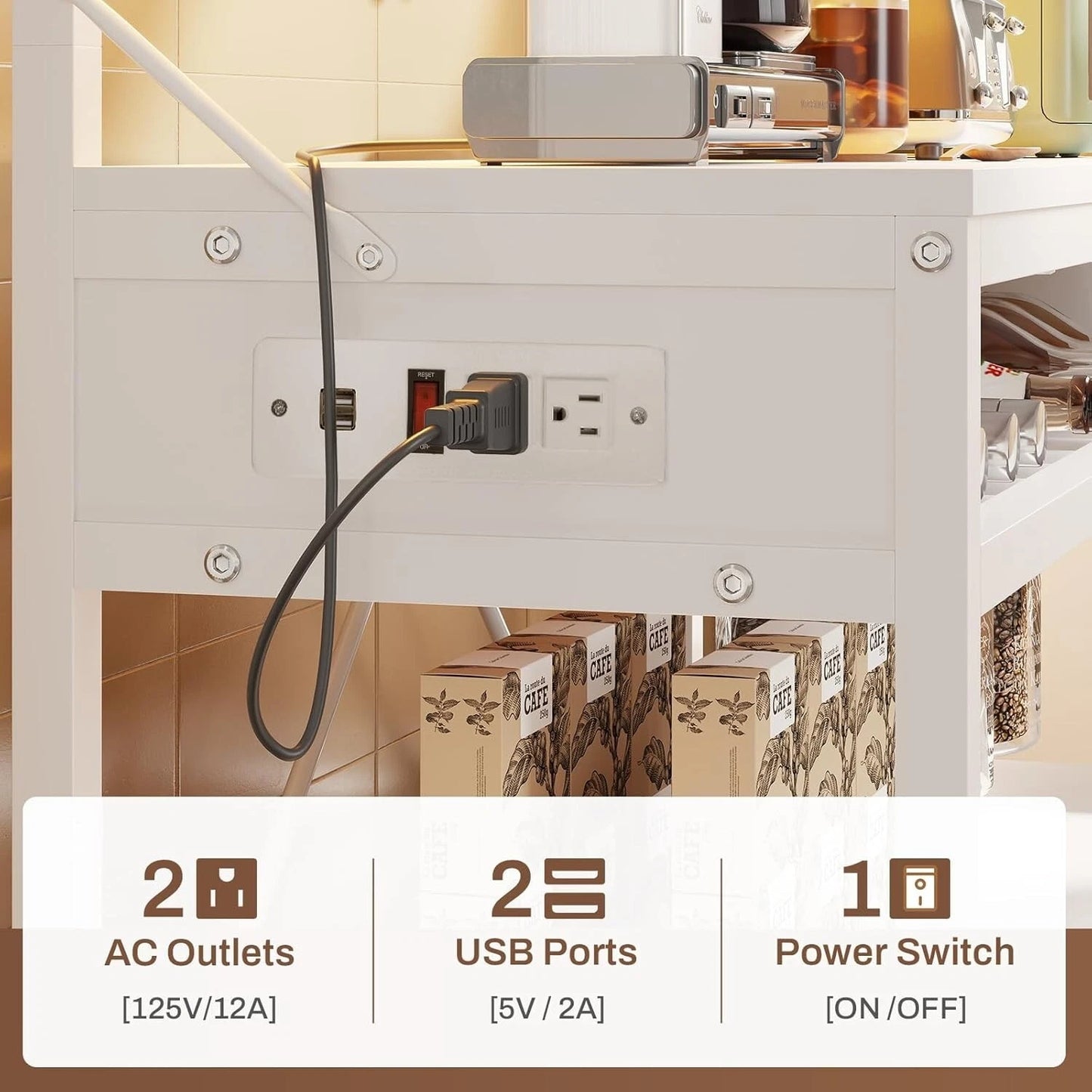 Bakers Rack with Power Outlet, 6-Tier Coffee Bar with Wine Rack and LED Lights